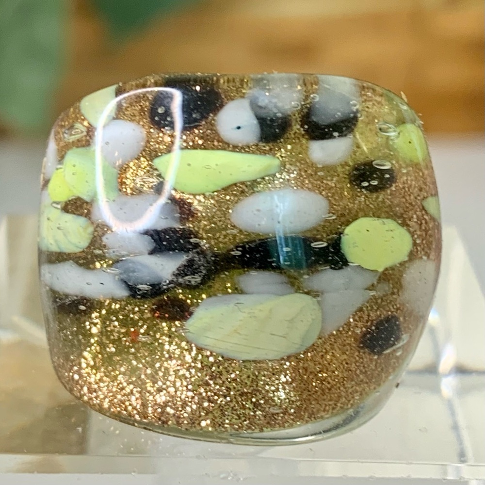 VTG Murano Style Art Glass Hand Blown Gold Foil Lampwork Confetti Dome Ring SZ 7
